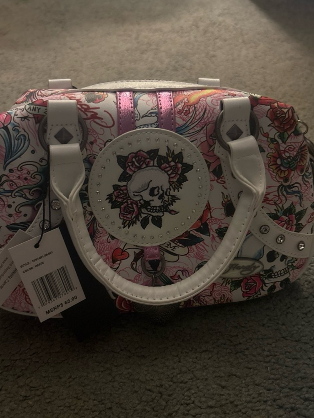 Ed Hardy White & Pink Skull Rose Satchel